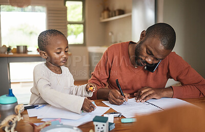 Buy stock photo Busy, working and multitasking father talking on phone, writing on paperwork and networking single dad sits with son. Adorable, little and cute boy playing while freelancer parent works from home