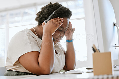 Buy stock photo Stressed, tired and with a headache call center agent feeling pressure and anxiety while working in a demanding office. Overworked, exhausted consultant mentally frustrated with burnout and depressed