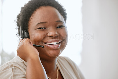 Buy stock photo Happy, confident and professional call center agent or business consultant working in telesales on call with headset. For good customer service success, contact us for online faq helpdesk support.