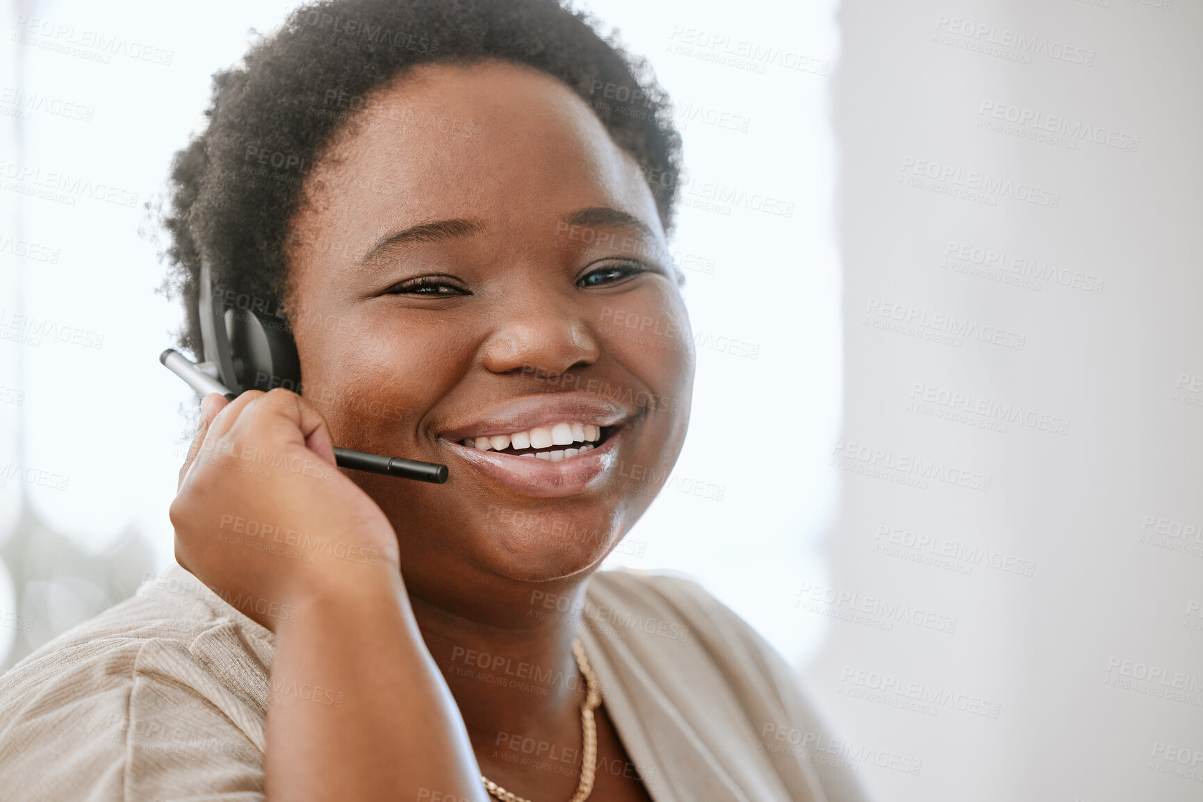 Buy stock photo Happy, confident and professional call center agent or business consultant working in telesales on call with headset. For good customer service success, contact us for online faq helpdesk support.