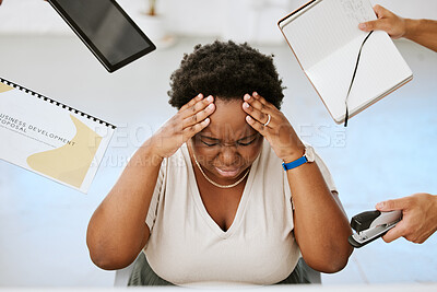 Buy stock photo Stressed, depressed and frustrated black entrepreneur with overworked, suffer from burnout, anxiety and headache. Business woman struggle with work overload chaos, fail to meet deadlines.