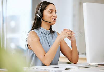 Buy stock photo Call center agent, customer service and sales support operator with headset giving friendly help and good advice while working on computer. Smiling, happy and cheerful consultant talking on hotline