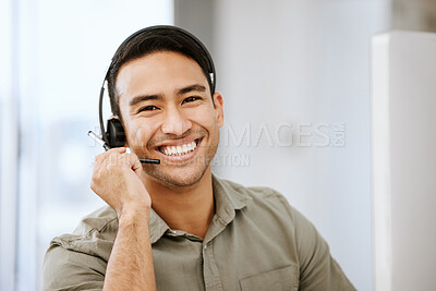 Buy stock photo Smiling, friendly call center agent with headset for online consulting in an IT tech agency. Face of male ecommerce support professional offering virtual assistance to web user or contact us hotline