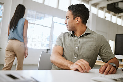 Buy stock photo Sexual harassment, desire and suggestive business man in a office looking at a woman from behind. Male worker staring with an inappropriate, provocative look at the body of a walking female employee