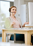 Insurance agent, call center or contact support employee giving good customer service via her headset at her help desk at work. Female advisor consulting and helping via her headset talking about us