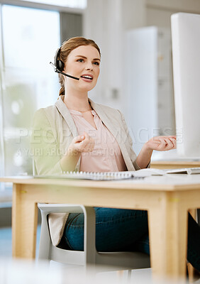 Buy stock photo Insurance agent, call center or contact support employee giving good customer service via her headset at her help desk at work. Female advisor consulting and helping via her headset talking about us