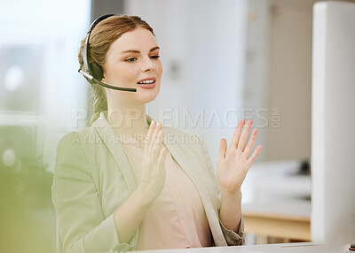 Buy stock photo Call center, sales representative or support agent woman with mission, growth mindset and goal explaining service in virtual call. Telemarketing professional or consultant with headset talking online