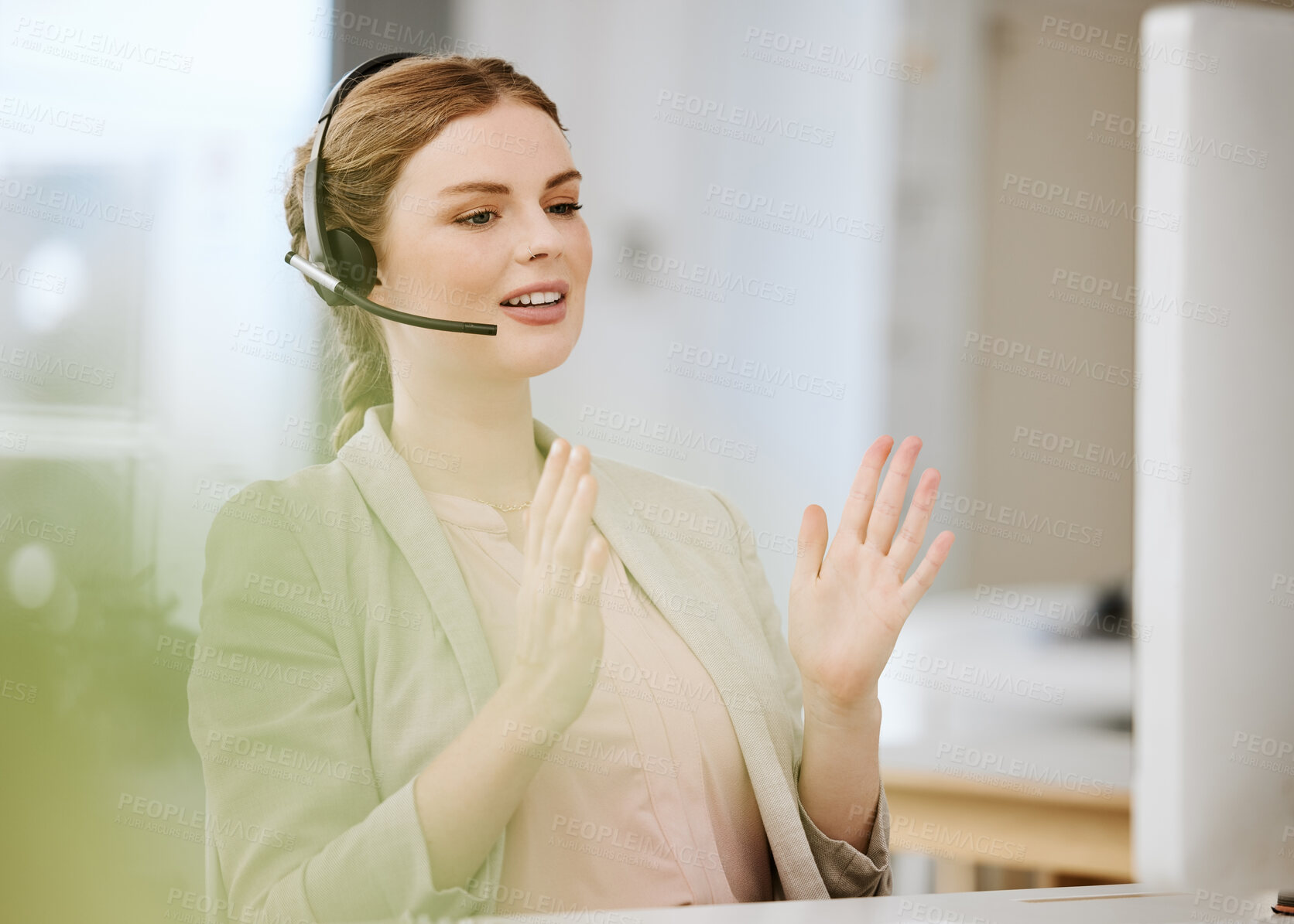 Buy stock photo Call center, sales representative or support agent woman with mission, growth mindset and goal explaining service in virtual call. Telemarketing professional or consultant with headset talking online