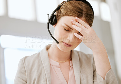 Buy stock photo Burnout, headache and stressed call center agent working with problem, bad mental health or stressful job. Female sales representative or advisor feeling overworked, tired and exhausted