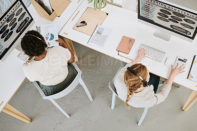 Buy stock photo Marketing strategy, customer service and female office team working on a computer indoors. Female advertising staff planning a web work research project together with headsets inside