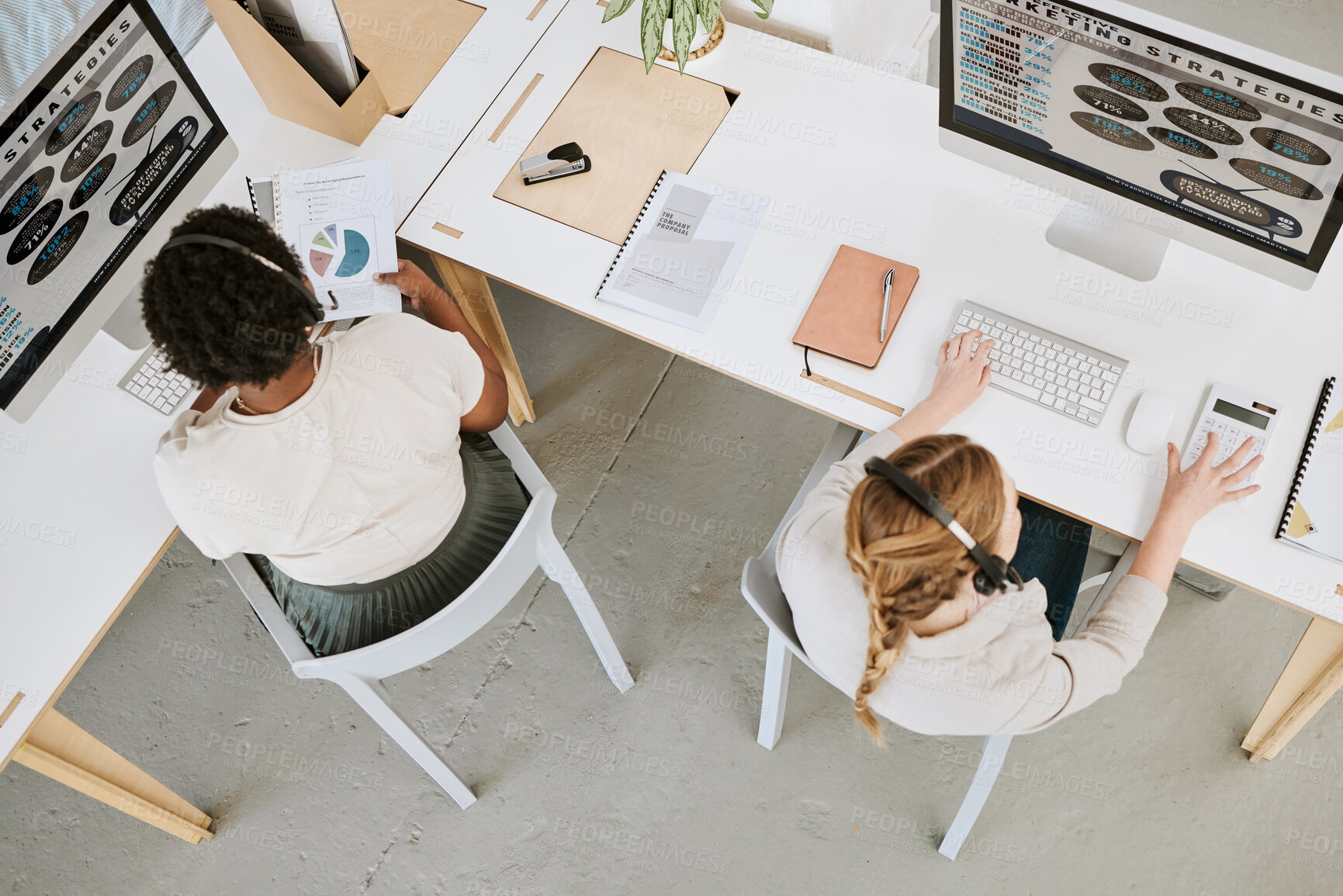 Buy stock photo Marketing strategy, customer service and female office team working on a computer indoors. Female advertising staff planning a web work research project together with headsets inside