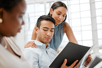 Buy stock photo Workplace harassment, sexual abuse and unprofessional behavior from flirting business woman touching a coworker in an office. Awkward man feeling uncomfortable with unethical relationship and affair
