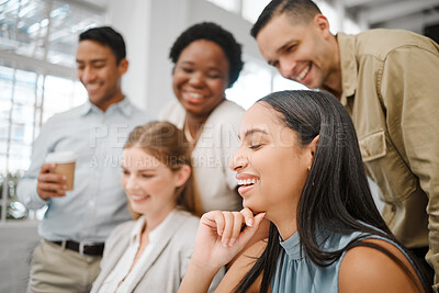 Buy stock photo Teamwork, support and working together with a team of united business people and professional colleagues in a office. Diverse corporate group smiling and laughing with a mindset and mission of growth