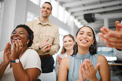 Buy stock photo Happy, smiling and excited businesspeople clapping hands, celebrating success and showing motivation in a meeting in an office at work. Colleagues enjoying, expressing agreement and congratulating