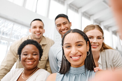 Buy stock photo Selfie with fun friends in the office, working together as a team of business people and professional colleagues. Closeup portrait of a diverse corporate group with a mindset and mission of growth
