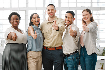 Buy stock photo Thumbs up, motivation and support from a team of design, architecture or marketing professionals. Business employees, staff or colleagues standing together in collaboration, solidarity and unity
