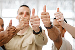 Hand closeup of motivation, thumbs up and team support of professional architecture, marketing or designers. Startup business employees, staff or colleagues giving their approval and symbol of trust