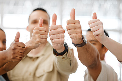 Buy stock photo Hand closeup of motivation, thumbs up and team support of professional architecture, marketing or designers. Startup business employees, staff or colleagues giving their approval and symbol of trust