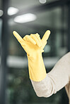 Call sign, clean and hygiene hand gesture for cleaning, chores and housework domestic for hire at home. Closeup of calling fingers or gestures of a cleaner ready for employment for all house needs.