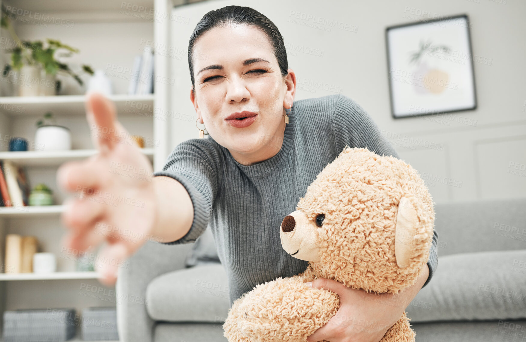 Buy stock photo Social worker, therapist or psychologist with teddybear for support, child wellness and development in therapy or children center. Elderly lady or Grandmother with loving and fun gift or toy for kid.