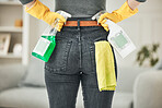 Spring cleaning, chores and sanitize for a clean, hygiene and fresh home. Closeup of woman, cleaner and housekeeper ready to disinfect with detergent, spray and cloth during routine household task