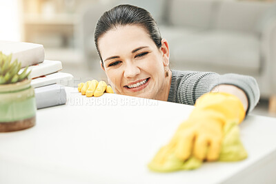 Buy stock photo Spring cleaning, chores and sanitize for a clean, hygiene and fresh home while doing housework. Happy woman, cleaner and housekeeper wiping to disinfect a surface during routine household task