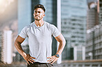 Athlete man fitness training in city sunrise, doing sports morning run and wellness lifestyle workout. Handsome runner jogging daily, exercise routine and quiet architectural cityscape background.