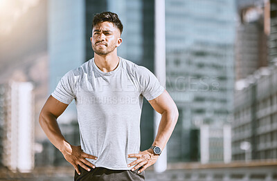 Buy stock photo Athlete man fitness training in city sunrise, doing sports morning run and wellness lifestyle workout. Handsome runner jogging daily, exercise routine and quiet architectural cityscape background.