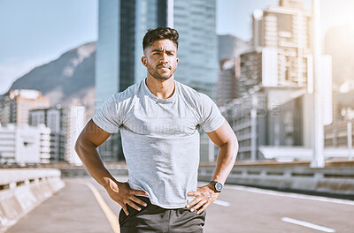 Buy stock photo Serious sports man ready for fitness, workout and healthy exercise in urban city. Strong runner, thinking guy and determined athlete with motivation training for cardio run, marathon or jog outdoors