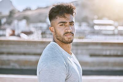 Buy stock photo Fitness, wellness and healthy personal trainer portrait for workout, training or exercise routine in the city. Cool, tough and young man or guy with determined face for motivation or training goal
