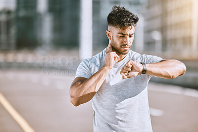 Buy stock photo Time, fitness and runner looking at watch for running speed, pace and steps in routine workout, exercise and city training. Portrait of a confused man checking wellness, endurance and cardio health.