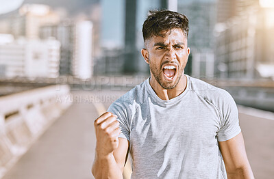 Buy stock photo Exercise motivation, celebration and training of a man runner after running in a city. Excited, motivated and workout mindset of a sport, fitness and athletic athlete happy about sports success