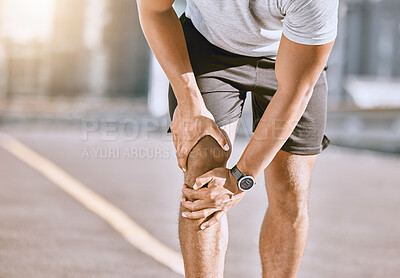 Buy stock photo Runner training accident with joint pain, arthritis and tendon problems. Health, fitness and a sports injury with athlete man suffering from a fracture, broken leg and knee after a workout.
