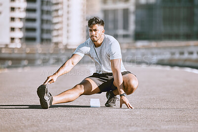 Fitness muscles stretching in city streets, young man daily jogging and morning workout training practice. Physical activity, healthy wellness coaching and digital marketing, sports advertisement.