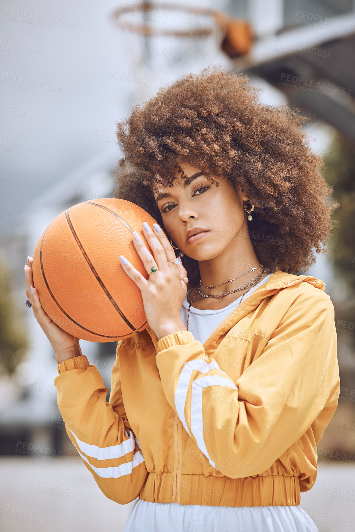 Buy stock photo Basketball court, sports and woman player with motivation, vision or wellness goal for training, workout or exercise. Fitness portrait of serious afro black woman or competition athlete for ball game