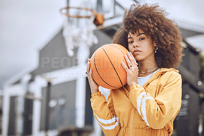 Buy stock photo Cool basketball player with funky, confident and hipster attitude ready for game, fun or playing outdoor sports match. Portrait of young, fashion and beautiful black woman with afro ready for fitness