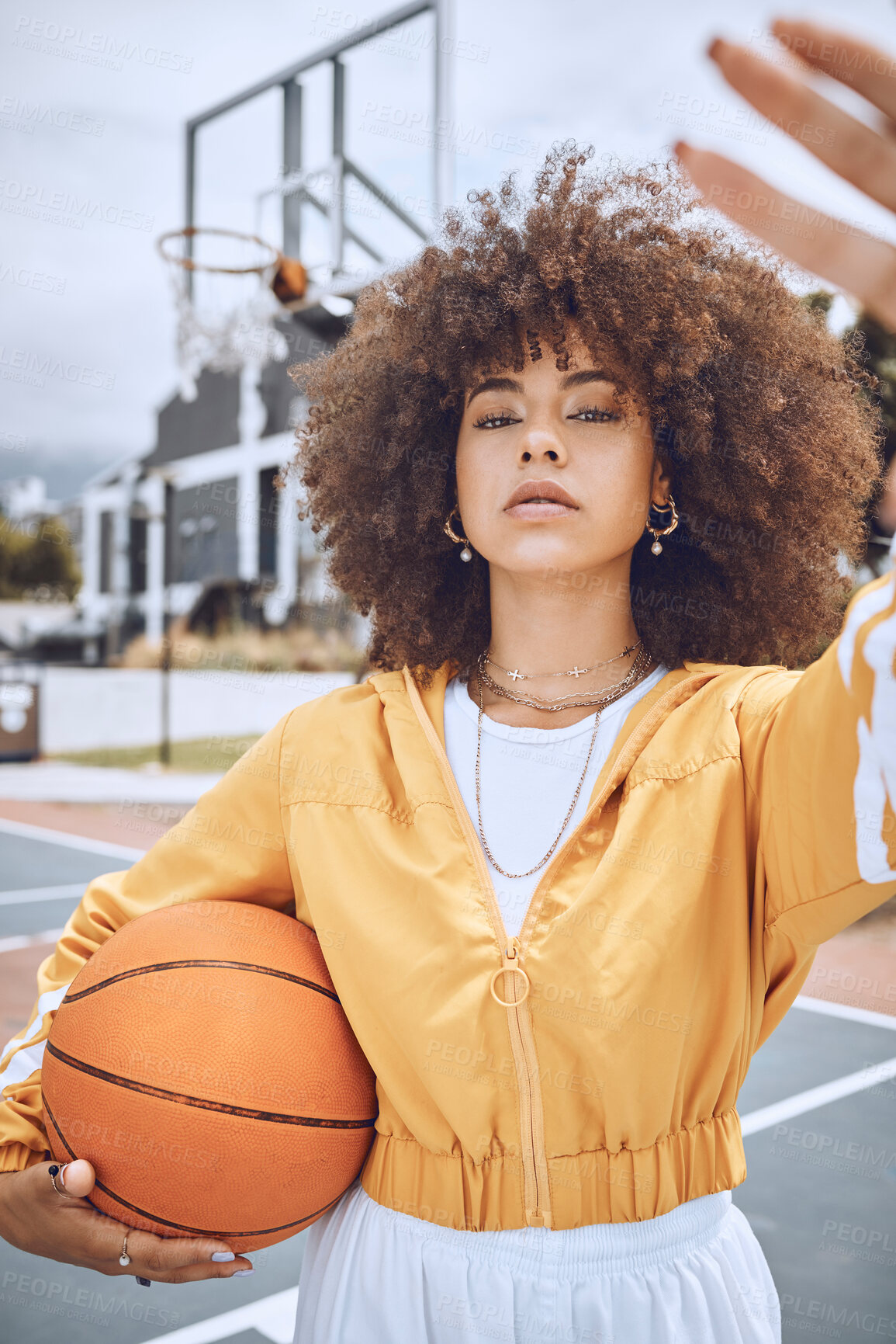 Buy stock photo Female basketball player taking selfie on court, looking confident and training for fitness outside. Portrait of a black woman playing a game for exercise, enjoying sports competition and workout