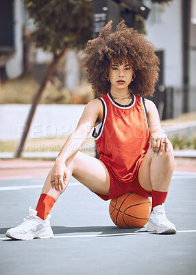 Buy stock photo Basketball player with funky, confident and cool attitude ready for competition, game or training match on a sports court. Portrait of young woman, healthy athlete and afro female ready for fitness