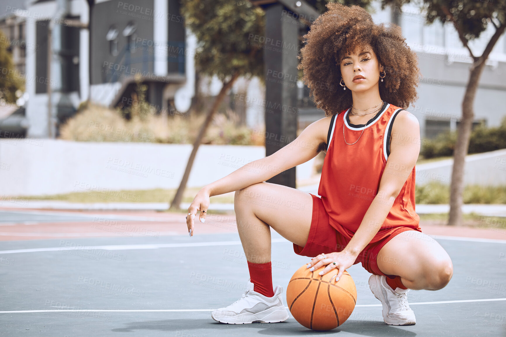 Buy stock photo Basketball court, sports and black woman with fashion living a healthy, fitness and exercise culture lifestyle. Portrait of cool, swag and afro girl with wellness, natural beauty and empowerment