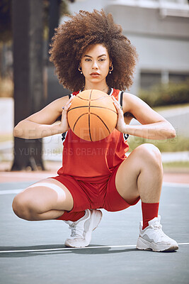 Buy stock photo Basketball, training and sport player with a ball ready to start workout, exercise and game. Portrait of a black woman athlete with sports motivation and fitness focus on a outdoors court with beauty