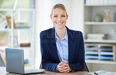 Buy stock photo Smile, happy and proud business woman, entrepreneur and leader working in a corporate office. Portrait of a accounts executive, hr manager and administrator in a startup agency with happiness at work