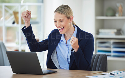 Buy stock photo Happy, excited and success business woman celebrating with laptop online, winning and cheering for achievement while working in office at work. Corporate and professional worker receiving good news
