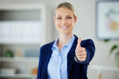 Buy stock photo Thumbs up from corporate woman, leader or CEO for business success on company vision and mission target goal. Thank you, motivation and leadership happy management person, boss or manager at office