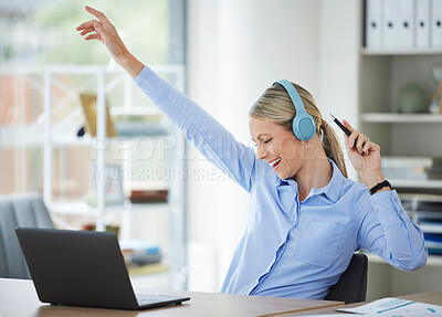 Buy stock photo Business woman at internet laptop, fun professional girl dancing at office, happy employee headphones in office. Admin worker, successful company goal and excited female in computer online meeting