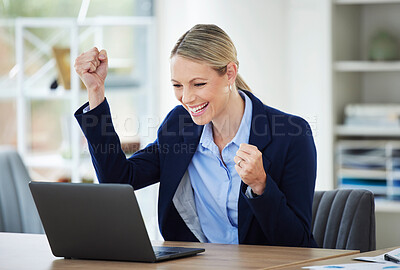 Buy stock photo Happy and excited crypto winner celebrating stock market success while reading on laptop, winning and cheering for online bonus in an office. Corporate woman getting good news about investment growth