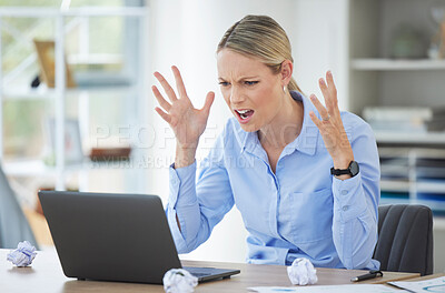Buy stock photo Burnout, fail and angry corporate employee with laptop stress, review and frustrated in marketing or advertising office. Accounting, compliance and doubt with worker in finance business office