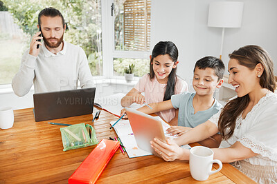 Buy stock photo Kids education, learning and fun activity with mother teaching on tablet at home and father doing remote work in background. A multimedia, modern family enjoying online app or web with internet wifi