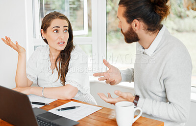 Buy stock photo Unhappy, worried and confused couple with idk expression for finance, budget or home loan looking at online bank statement, paper or document. Man and woman with problem talking of bad financial debt