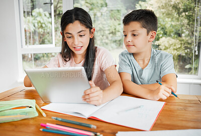 Buy stock photo Kids studying education with digital tablet for online school work or homework together at home. Intelligent distance learning students, children or siblings of brother and sister help with lesson.