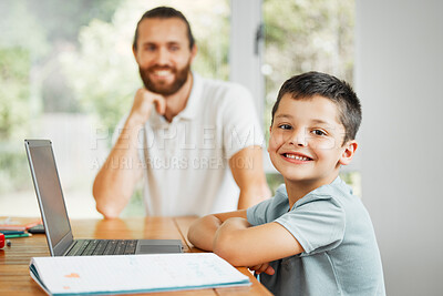 Buy stock photo Learning, teaching and smiling little boy doing home school work online on a laptop. Happy son with caring father in the background ready to learn, study and have digital fun at the family house